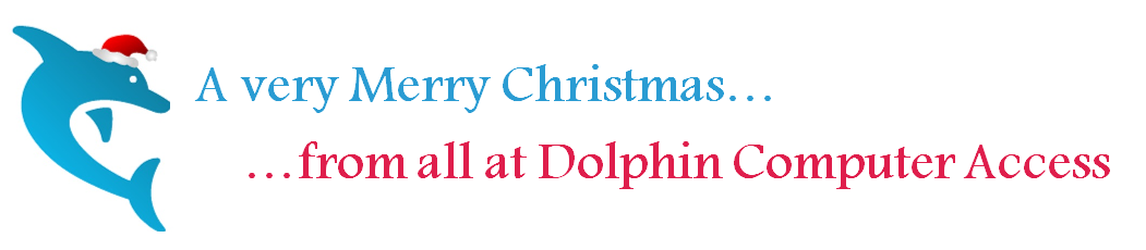 A very Merry Christmas from all at Dolphin Computer Access plus Dolphin logo with a santa hat